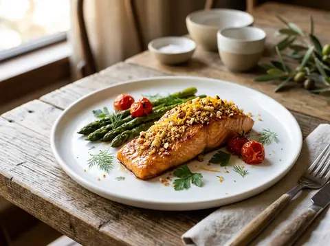 Miso-glazed salmon with rice and vegetables