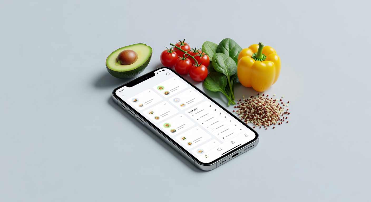 Meal planning concept with an iPhone and fresh ingredients