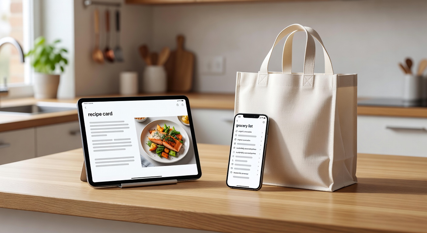 Recipe card and grocery list concept on a kitchen counter